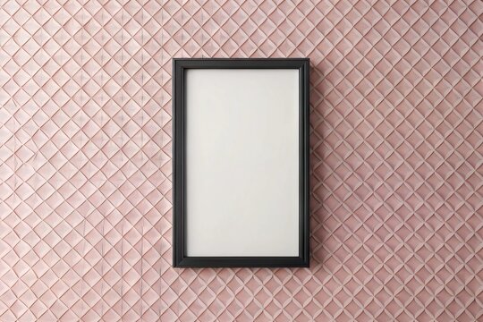 Minimalist pastel pink and white geometric pattern fills the screen, surrounded by a sleek black frame with subtle