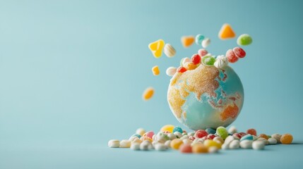 A vibrant globe surrounded by colorful sweets, symbolizing a fusion of geography and indulgence in confectionery delights.