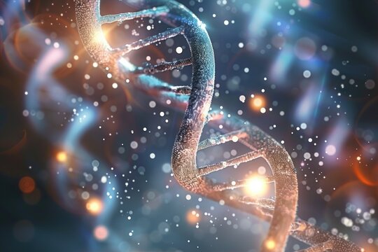DNA strand with glowing particles and abstract bokeh effect. Genetics and biotechnology concept.