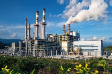 Obraz premium Large industrial power plant with chimneys emitting smoke. Energy production and environmental impact concept.