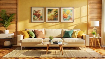 Scandinavian interior design of modern living room, home. Colorful vibrant pillows on white sofa against wall with art poster frame.
