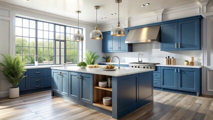 Modern blue kitchen island with stainless steel top, silver hardware, and sleek cabinetry, surrounded by white walls