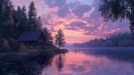 Fototapeta premium Cozy house nestled by a quiet river, pink and purple tones in the early morning sky, calm waters mirroring the colors, a sense of tranquility and melancholy in the scene, warm, gentle light