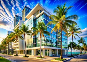 Modern glass building with sleek architecture and minimalist design stands out amidst vibrant palm trees and art deco