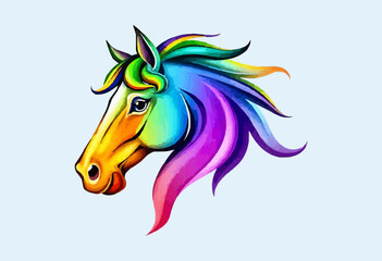 Colorful illustration portrait of a horse drawing with paints on a white background, watercolor painting. Drawing horse print for clothing or paper, concept art, wall painting, background, banner.