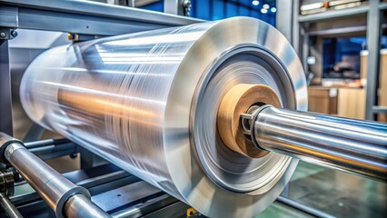 Fototapeta premium Close-up of a curvy rubber roll on a polyethylene blown film machine during shrink film production