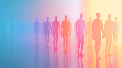 Fototapeta premium Diverse Group Embracing Unity in Diversity, Multicolored Silhouettes Against Bokeh Background. 