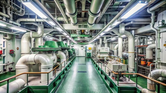 Interior view of a ship engine room with generators and HVAC duct piping