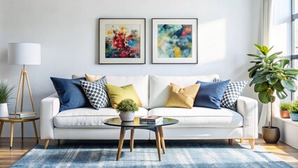 Scandinavian interior design of modern living room, home. Colorful vibrant pillows on white sofa against wall with art poster frame.
