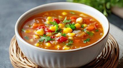 A bowl of corn chowder soup with vegetables, garnished with parsley.