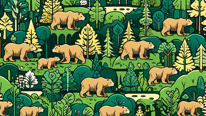 illustration of bears animals in nature. Big trees and forest. Repeated and decorative designs are used for packaging, decorating, interior design, wallpapers, banners