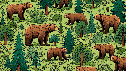 illustration of bears animals in nature. Big trees and forest. Repeated and decorative designs are used for packaging, decorating, interior design, wallpapers, banners
