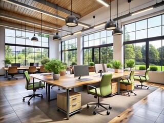 Modern university interior design studio with sleek workstations, ergonomic chairs, and large windows, showcasing