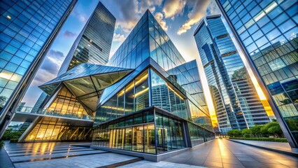 Naklejka premium Modern urban architecture features sleek, intersecting linear angles and reflective glass surfaces, capturing a
