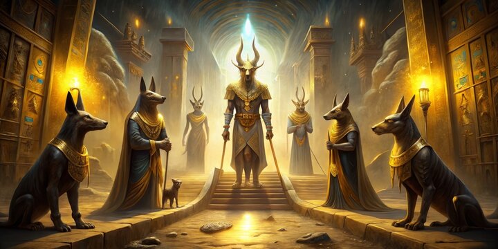 Mysterious ancient Egyptian underworld scene featuring Anubis, jackals, and souls navigating through a labyrinthine