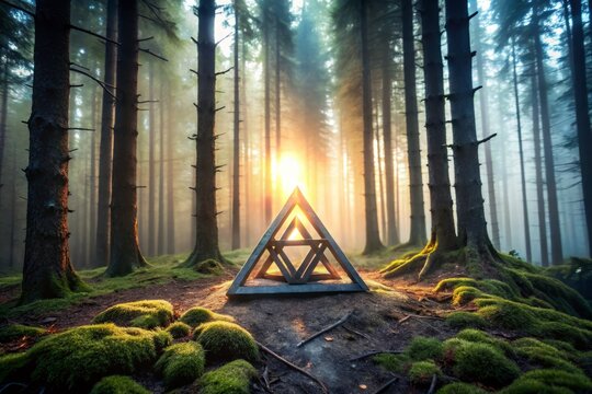 Mysterious ancient Nordic rune of spiritual power and wisdom, featuring interlocking triangles and circle, set against