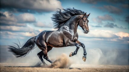 Dynamic image of a magnificent black stallion in motion, showcasing strength and elegance