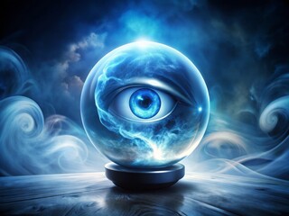 Mysterious orb with swirling mist and glowing blue eyes gazes into the distance, beckoning users to ask their