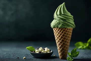 A delicious green ice cream cone with mint leaves and chocolate pieces on a dark background.