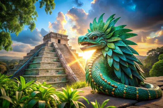 Mystical feathered serpent coils around ancient Mesoamerican temple, vibrant emerald and turquoise plumage glistening