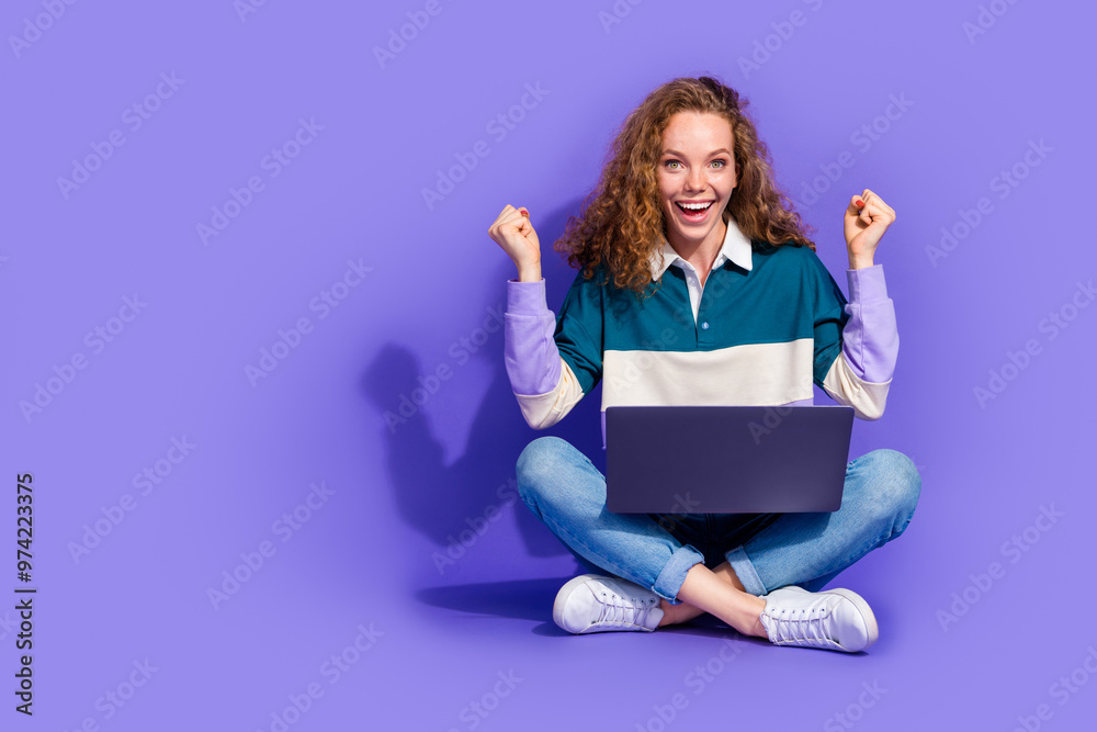 Canvas Prints Full size photo of nice young girl laptop raise fists isolated on violet color background