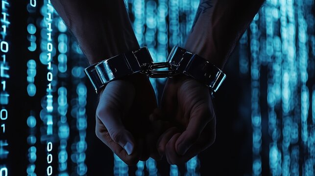 A man's hands in police handcuffs on background of binary code.