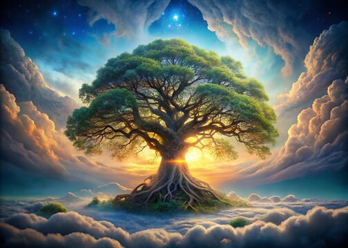 Mystical Yggdrasil, the ancient Norse Tree of Life, stands tall amidst swirling mist, its gnarled branches stretching