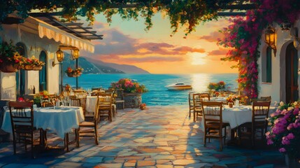 A small restaurant with a view of the sea, colorful flowers adorning the tables, the sky painted in warm, sunset colors, oil painting style with smooth, flowing brushwork, a romantic and serene mood