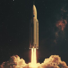 Fototapeta premium A rocket is flying through the sky with a bright yellow trail of smoke behind it