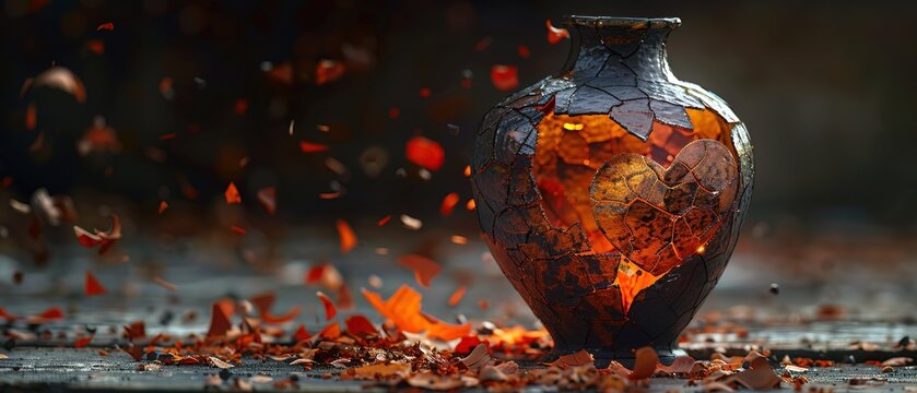 A shattered vase pieces scattered like the fragments of a broken heart 