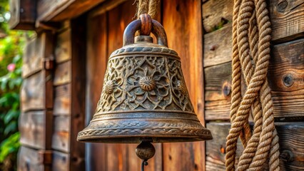 Fototapeta premium Old-fashioned metal school bell suspended from a rope, intricately designed with a rustic patina, evoking a sense of