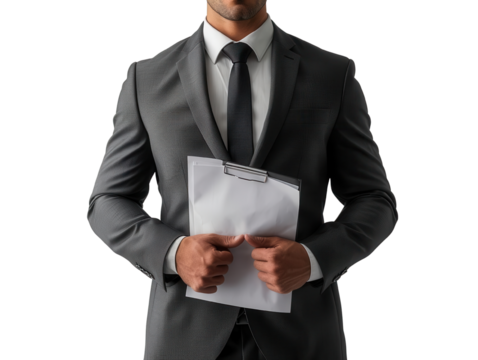 professional man holding a blank form, PNG format.