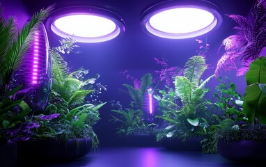Fototapeta premium Vibrant indoor garden illuminated by purple lights, showcasing lush plants in a modern setting for indoor gardening enthusiasts.