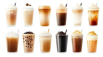 A collection of 12 different iced coffee drinks with whipped cream, tapioca pearls, and caramel drizzle, isolated on a white background.