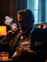 A man savors a luxurious cigar and whiskey in an upscale