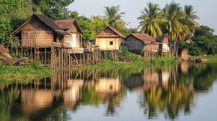 Obraz premium Vietnamese stilt houses on a riverbank, reflecting traditional design