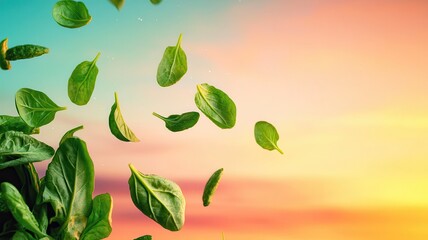 Naklejka premium Aerial shot of vegetables scattering like a meteor shower across a colorful sunset sky, motion-rich advertisement, fresh lifestyle