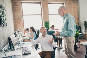 Photo of teamwork startup partners people mature men talking communication comfortable nice creative startup office loft room interior