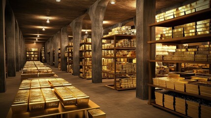 A dimly lit, concrete vault with shelves overflowing with gold bars and bullion.
