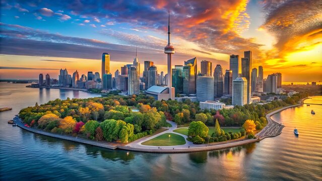 Panoramic view of Toronto's vibrant cityscape at sunset, featuring iconic skyscrapers, busy streets, and tranquil