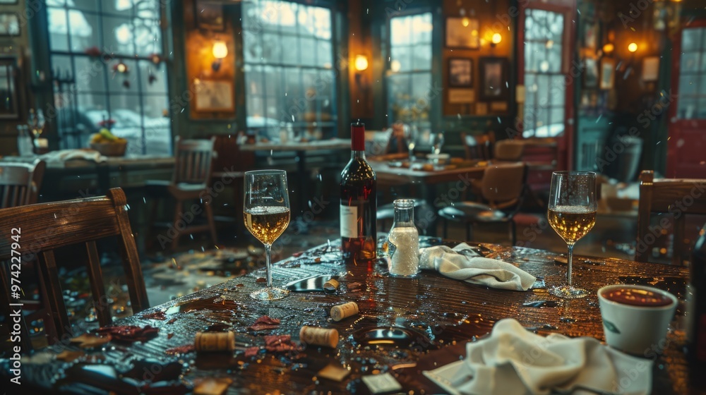 Poster a messy table with a bottle of wine and glasses on it