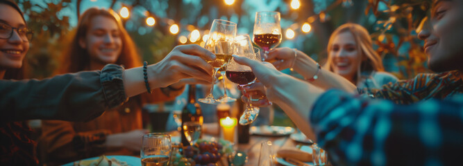 Woman enjoying holiday meal at table, abstract background with wine