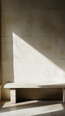 Minimalist bench sunlight shadow neutral wall modern aesthetic warm interior serene design soft texture natural light clean lines mockup architecture  contemporary elegant copy space backdrop






