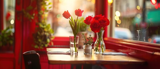 A view of a romantic table in a restaurant with bright red decorative