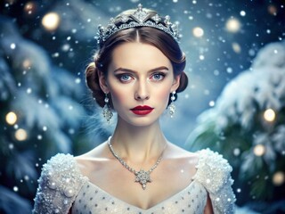 Regal, poised, and enigmatic starlet with frosty gaze and porcelain skin, adorned in sparkling jewels and snowy white