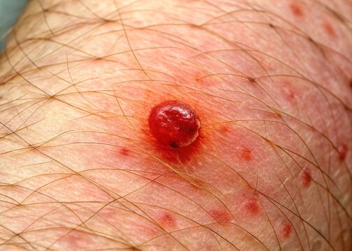 Red, circular, and expanding skin lesion with clearing center, characteristic of early-stage Lyme disease, on a