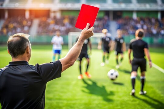 Referee holds up a bright red card, signaling a serious foul, amidst a blurred background of players' legs