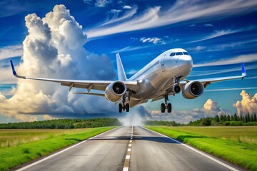 Obraz premium Regional airliner with distinctive winglets and sleek fuselage design lifts off from runway, leaving trail of vapor