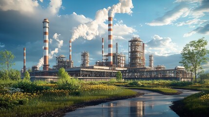 Obraz premium Factories prioritizing environmental sustainability with low emissions in industrial areas.