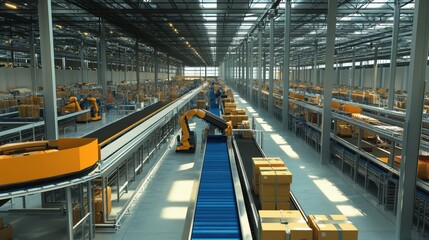 Fototapeta premium Automated Warehouse Conveyor System with Robotic Arms